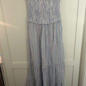 Dreamers Strapless Smocked Maxi Dress in Blue, Pink & White